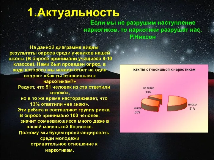 Актуальность Если мы не разрушим наступление наркотиков, то наркотики разрушат нас.