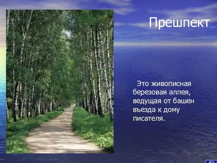 Прешпект Это живописная березовая аллея, ведущая от башен въезда к дому писателя. дом