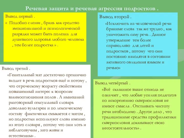 Речевая защита и речевая агрессия подростков . Вывод первый . «