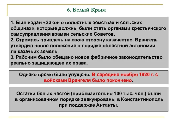 6. Белый Крым 1. Был издан «Закон о волостных земствах и