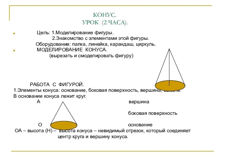 КОНУС. УРОК (2 ЧАСА). Цель: 1.Моделирование фигуры. 2.Знакомство с элементами этой