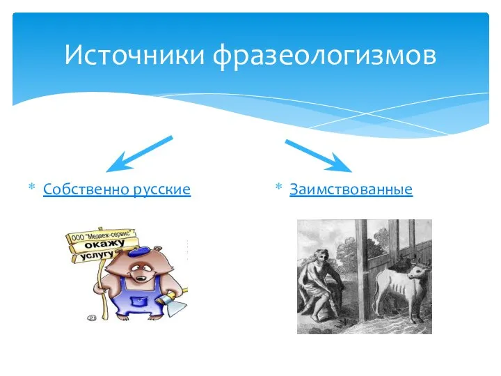 Источники фразеологизмов Собственно русские Заимствованные