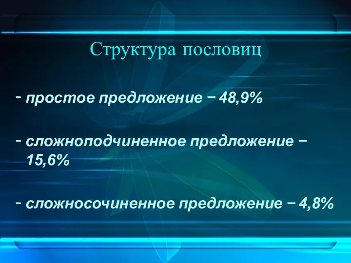 Структура пословиц простое предложение – 48,9% сложноподчиненное предложение – 15,6% сложносочиненное предложение – 4,8%