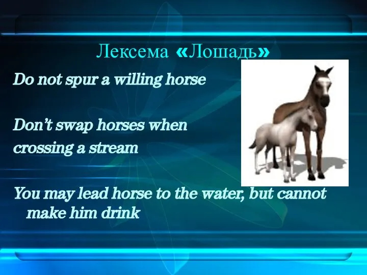 Лексема «Лошадь» Do not spur a willing horse Don’t swap horses