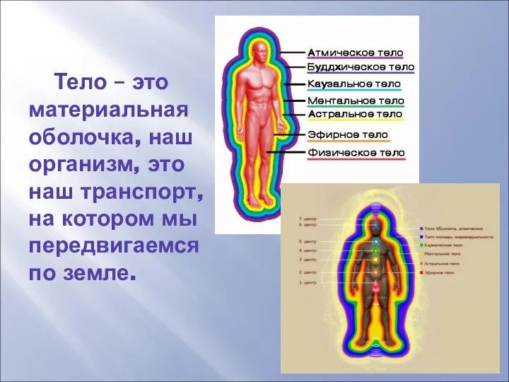 Тело – это материальная оболочка, наш организм, это наш транспорт, на котором мы передвигаемся по земле.