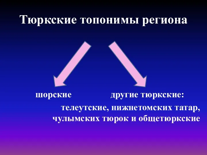 Тюркские топонимы региона шорские другие тюркские: телеутские, нижнетомских татар, чулымских тюрок и общетюркские