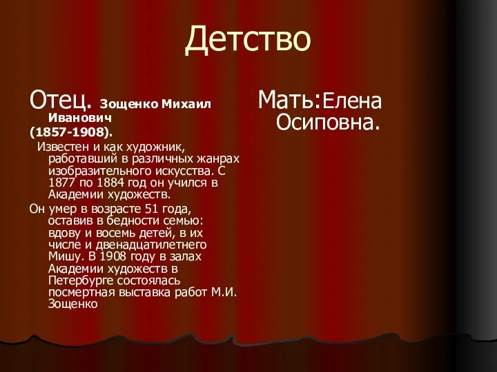 Детство Отец. Зощенко Михаил Иванович (1857-1908). Известен и как художник, работавший