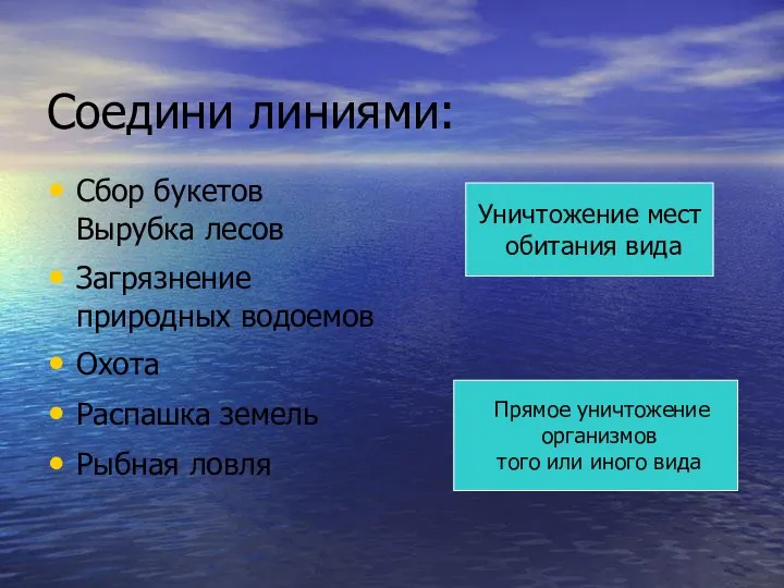 Соедини линиями: Сбор букетов Вырубка лесов Загрязнение природных водоемов Охота Распашка земель Рыбная ловля