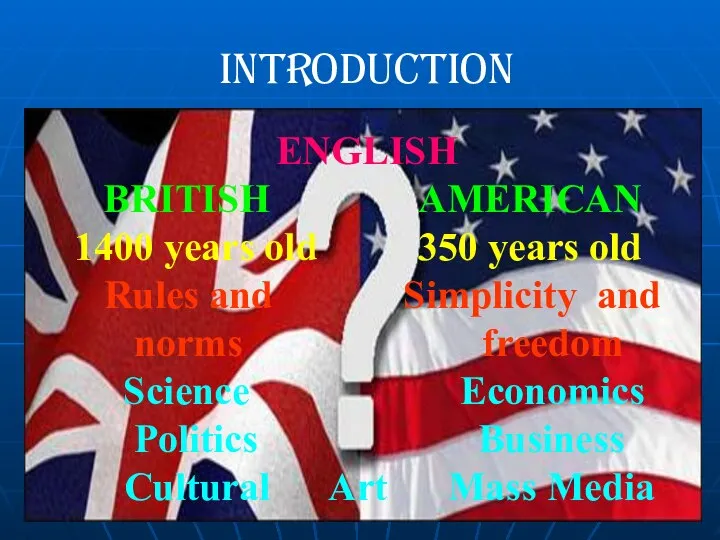 Introduction ENGLISH BRITISH AMERICAN 1400 years old 350 years old Rules