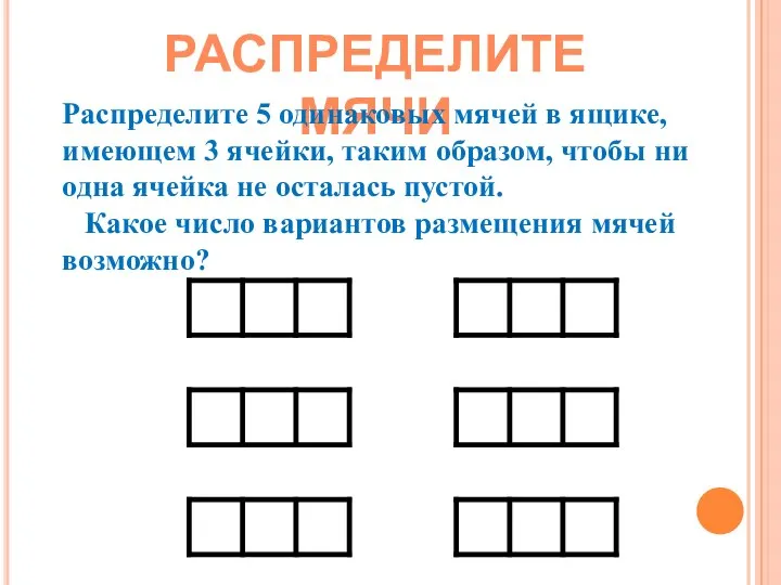 РАСПРЕДЕЛИТЕ МЯЧИ Распределите 5 одинаковых мячей в ящике, имеющем 3 ячейки,