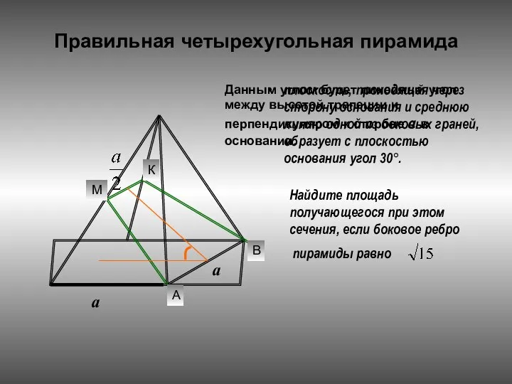 Правильная четырехугольная пирамида плоскость, проходящая через сторону основания и среднюю линию