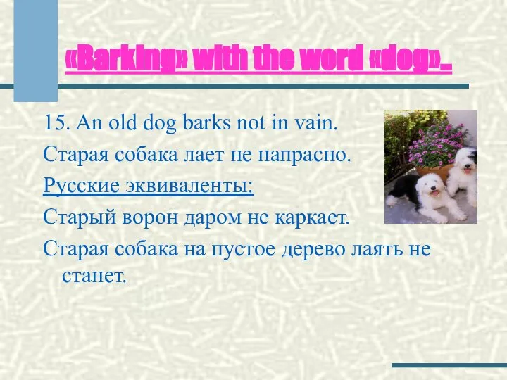 «Barking» with the word «dog».. 15. An old dog barks not