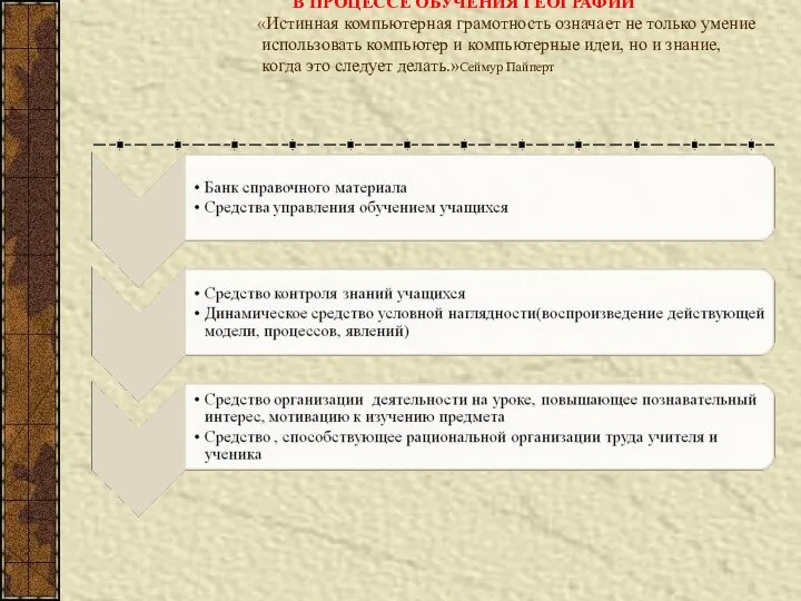 ОСНОВНЫЕ НАПРАВЛЕНИЯ ИСПОЛЬЗОВАНИЯ ИКТ В ПРОЦЕССЕ ОБУЧЕНИЯ ГЕОГРАФИИ «Истинная компьютерная грамотность