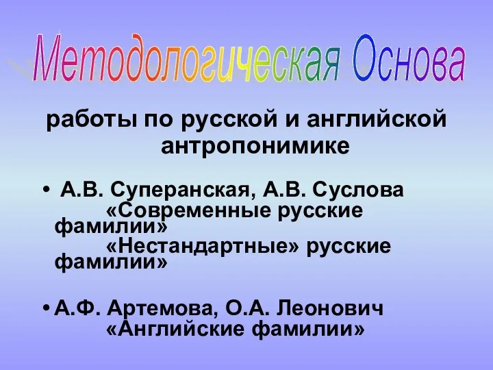 работы по русской и английской антропонимике А.В. Суперанская, А.В. Суслова «Современные