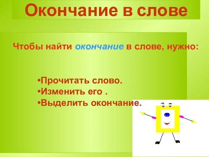 Окончание в слове Чтобы найти окончание в слове, нужно: Прочитать слово. Изменить его . Выделить окончание.