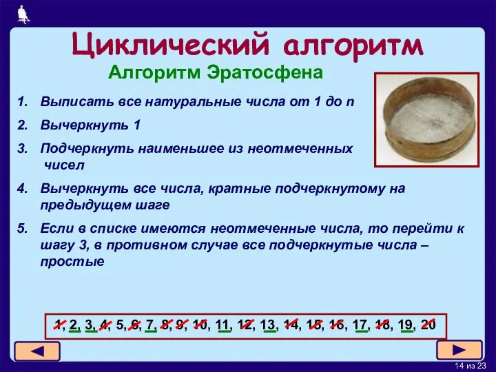 Циклический алгоритм Выписать все натуральные числа от 1 до n Вычеркнуть