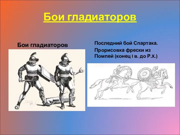 Бои гладиаторов Бои гладиаторов Последний бой Спартака. Прорисовка фрески из Помпей (конец I в. до Р.X.)