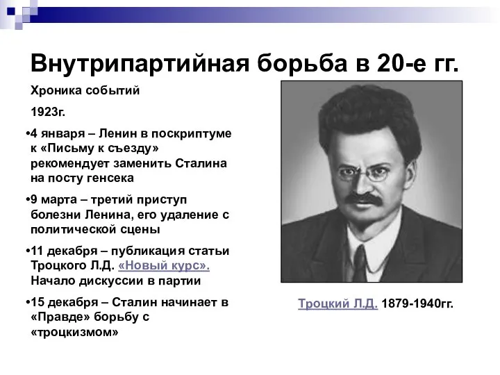 Внутрипартийная борьба в 20-е гг. Хроника событий 1923г. 4 января –