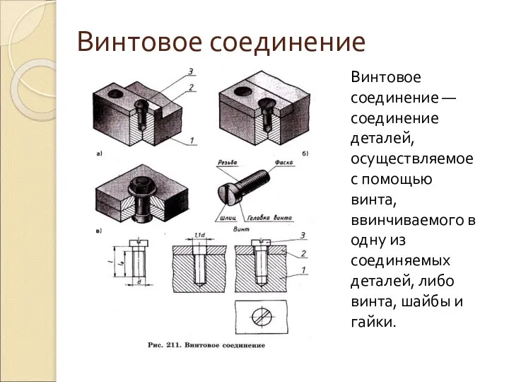 Винтовое соединение Винтовое соединение — соединение деталей, осуществляемое с помощью винта,