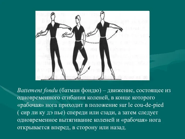 Battement fondu (батман фондю) – движение, состоящее из одновременного сгибания коленей,