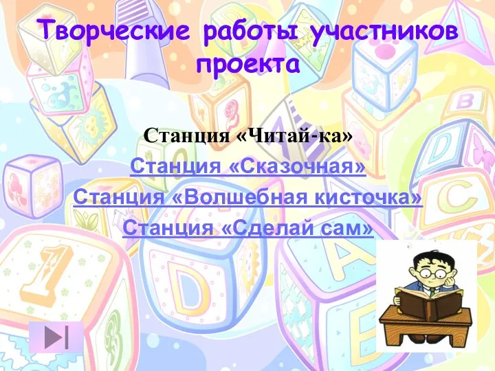 Творческие работы участников проекта Станция «Читай-ка» Станция «Сказочная» Станция «Волшебная кисточка» Станция «Сделай сам»