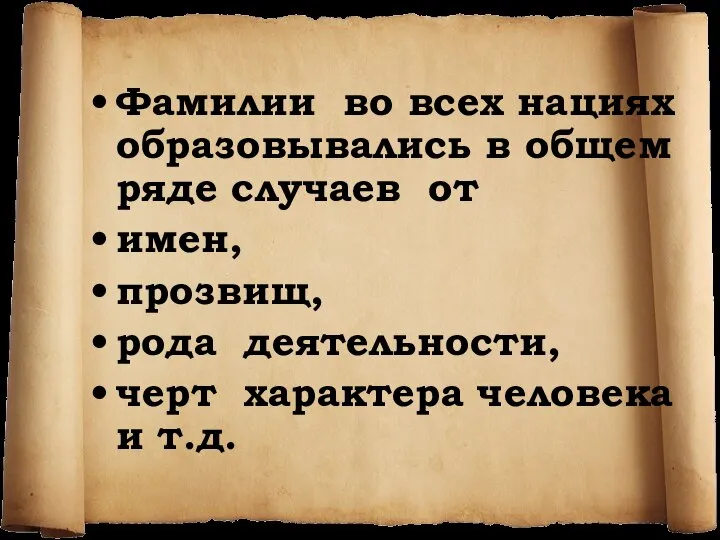 Фамилии во всех нациях образовывались в общем ряде случаев от имен,