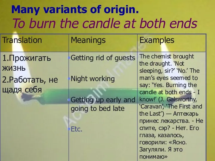 Many variants of origin. To burn the candle at both ends