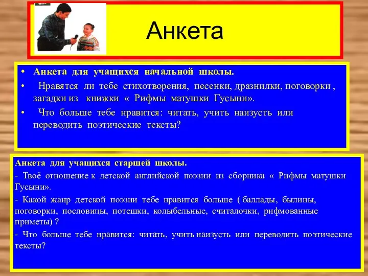 Анкета Анкета для учащихся начальной школы. Нравятся ли тебе стихотворения, песенки,