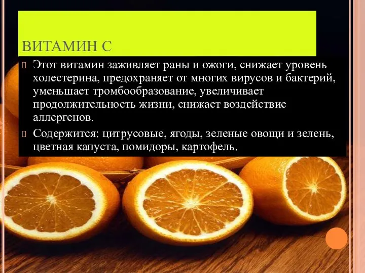 ВИТАМИН С Этот витамин заживляет раны и ожоги, снижает уровень холестерина,