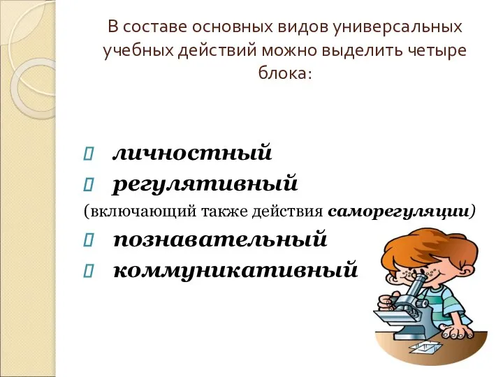 В составе основных видов универсальных учебных действий можно выделить четыре блока: