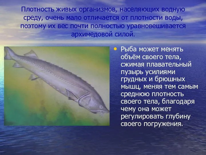 Плотность живых организмов, населяющих водную среду, очень мало отличается от плотности