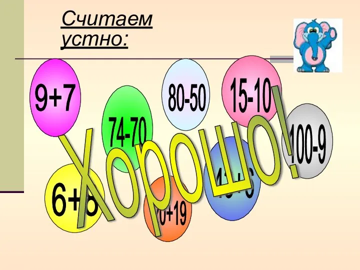 Считаем устно: 9+7 43+6 80-50 20+19 6+8 15-10 74-70 100-9 Хорошо!