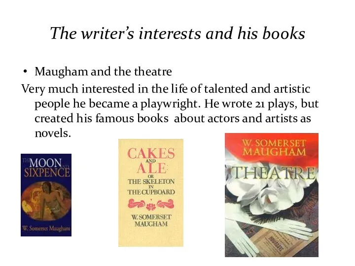 The writer’s interests and his books Maugham and the theatre Very