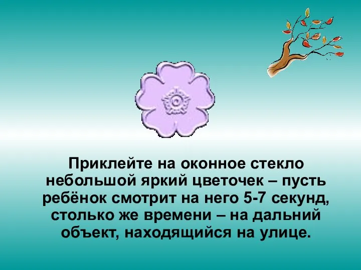 Приклейте на оконное стекло небольшой яркий цветочек – пусть ребёнок смотрит