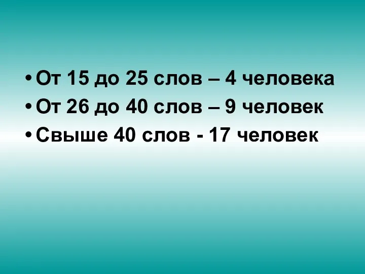 От 15 до 25 слов – 4 человека От 26 до