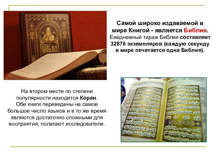 На втором месте по степени популярности находится Коран. Обе книги переведены