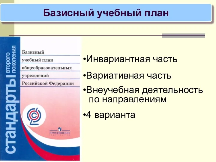 Базисный учебный план Инвариантная часть Вариативная часть Внеучебная деятельность по направлениям 4 варианта