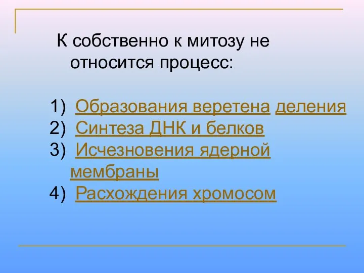 К собственно к митозу не относится процесс: Образования веретена деления Синтеза