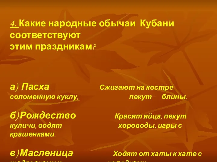 4. Какие народные обычаи Кубани соответствуют этим праздникам? а) Пасха Сжигают