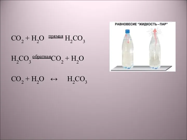 СО2 + Н2О прямая Н2СО3 Н2СО3 обратнаяСО2 + Н2О СО2 + Н2О ↔ Н2СО3