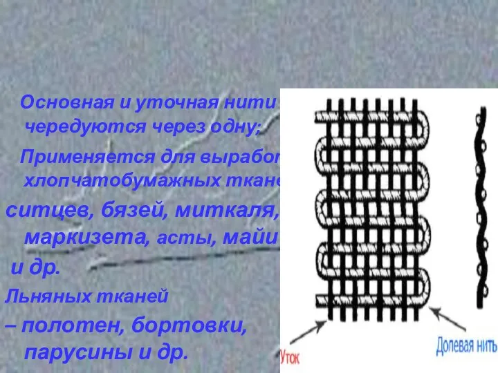 Основная и уточная нити чередуются через одну; Применяется для выработки хлопчатобумажных