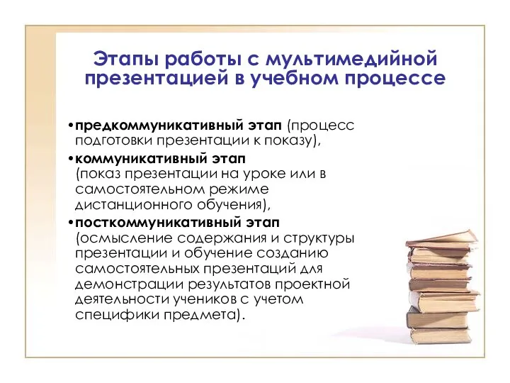 Этапы работы с мультимедийной презентацией в учебном процессе предкоммуникативный этап (процесс