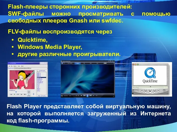 Flash-плееры сторонних производителей: Quicktime, Windows Media Player, другие различные проигрыватели. FLV-файлы