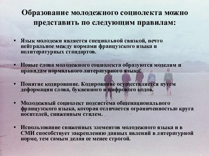 Образование молодежного социолекта можно представить по следующим правилам: Язык молодежи является