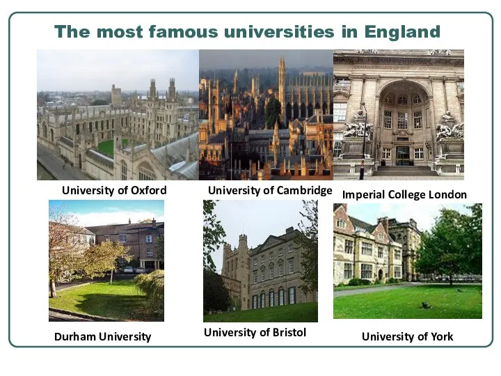 The most famous universities in England University of Oxford University of