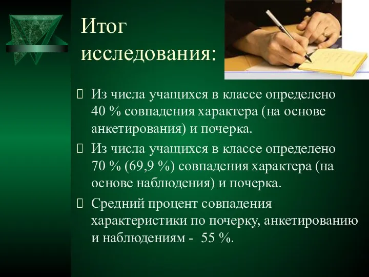 Итог исследования: Из числа учащихся в классе определено 40 % совпадения