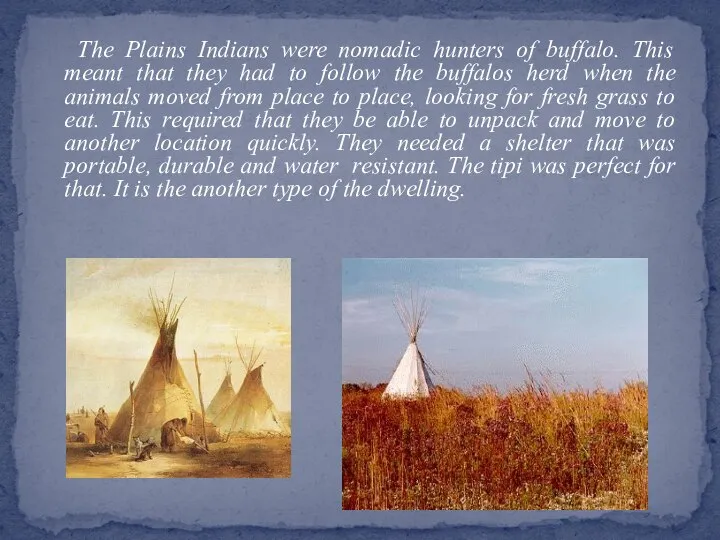 The Plains Indians were nomadic hunters of buffalo. This meant that