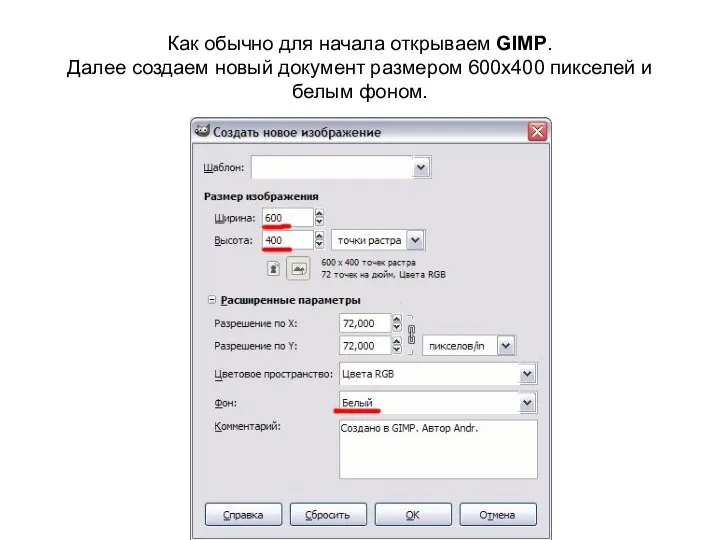 Как обычно для начала открываем GIMP. Далее создаем новый документ размером 600х400 пикселей и белым фоном.