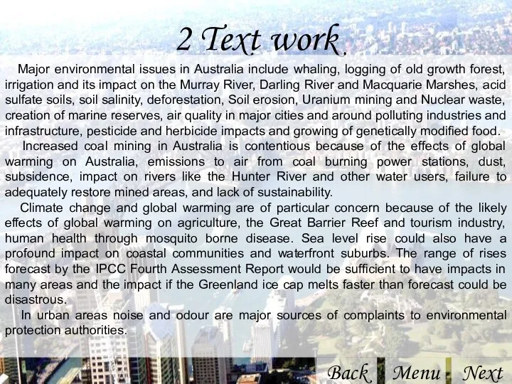 2 Text work Back Next Menu Major environmental issues in Australia