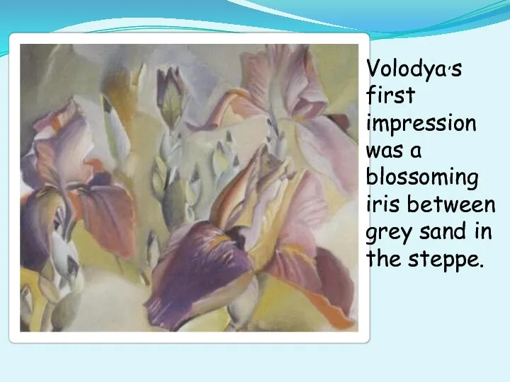 Volodya,s first impression was a blossoming iris between grey sand in the steppe.